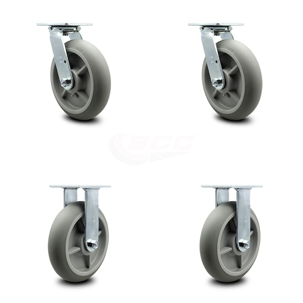 8 Inch Thermoplastic Rubber Caster Set with Ball Bearings 2 Swivel 2 Rigid SCC